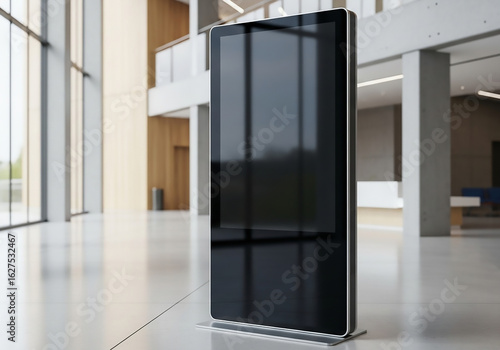 An empty standing digital totem display with a clean modern design in a bright corporate lobby, ideal for an advertising or information mockup.