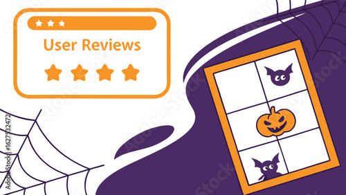 User reviews highlight halloween fun with a tic tac toe game featuring a pumpkin and bats amidst spooky spiderwebs and purple accents