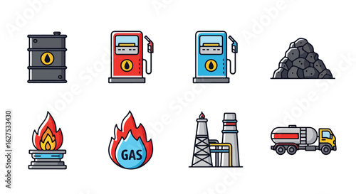 Energy industry icons fuel oil gas power generation transportation vector illustration