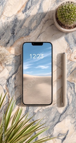 Smartphone on marble surface, desert scene wallpaper