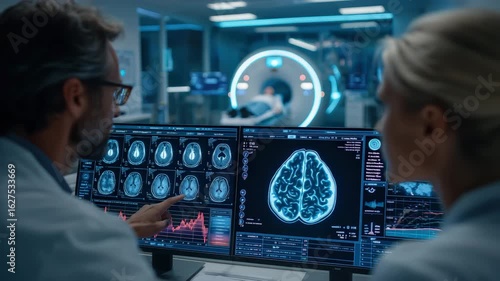 Doctors Analyzing Brain Scans in High-Tech Hospital MRI Lab