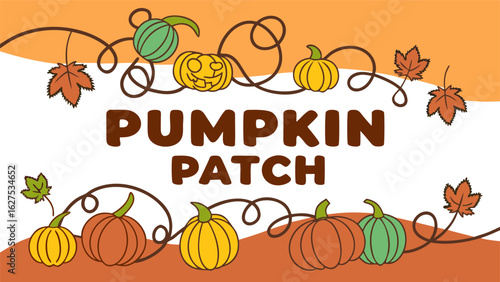 Whimsical pumpkin patch banner with festive autumn decorations and playful jack o lantern