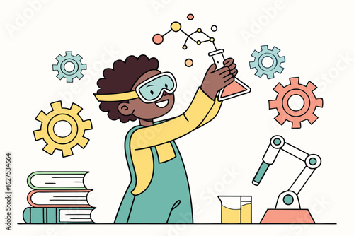 Child Scientist with Lab Tube and Robot – Colorful STEM Learning Illustration