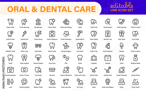 Oral and Dental care icon set. Containing tooth, dentist, toothpaste, toothbrush, teeth, implant and dentistry icons. Solid icon collection.