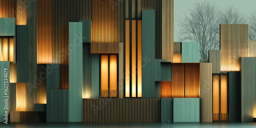 Futuristic wooden facade with geometric panels and warm lighting, architectural concept background