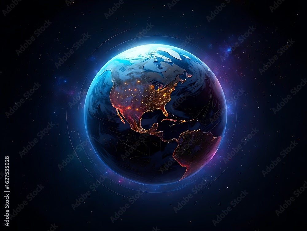 Fototapeta premium Glowing earth seen from space with continents illuminated by city lights at night