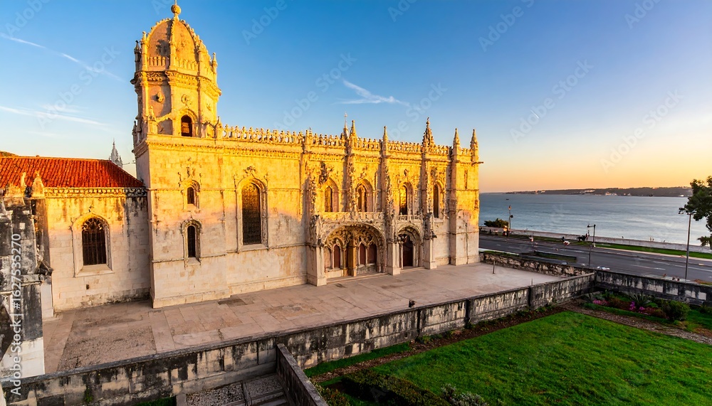 Ancient stone church by the river at dawn