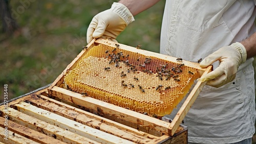 Beekeeper checking honeycomb