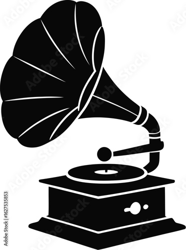 Vintage gramophone silhouette evokes nostalgia, showcasing a classic phonograph design perfect for music enthusiasts and historical themes, rendered in a clean, minimalist style.
