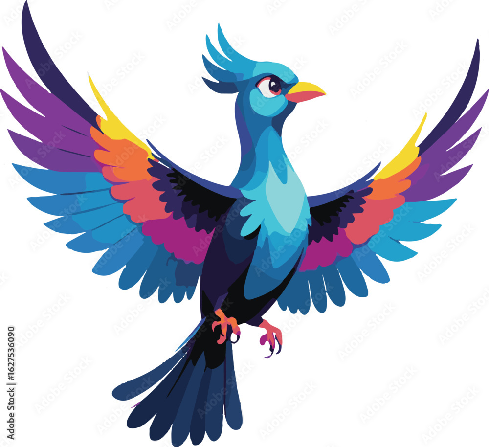 Obraz premium Tropical Bird Vector | Flat Color Wings Spread | 8-10 Color Palette | No Background EPS/SVGVibrant Flying Bird | Open Wings Colorful Design | Minimal Avian Art | Flat Style ClipartColorful Wings V