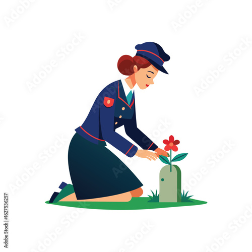 "Tribute of Respect: Female Officer Honoring a Fallen Hero"

