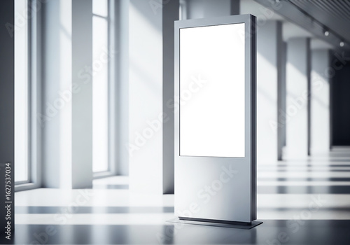 A minimalist blank information totem board standing upright in a modern, bright interior, perfect for advertising or signage mockups.