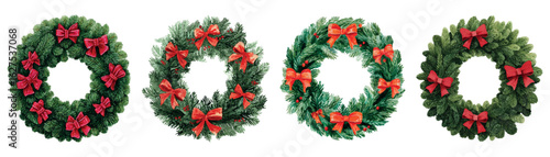 Watercolor set of Christmas wreaths. A wreath of green Christmas tree branches decorated with red bunting. Vintage Christmas decorations for doors, walls, etc. Watercolor Christmas elements.