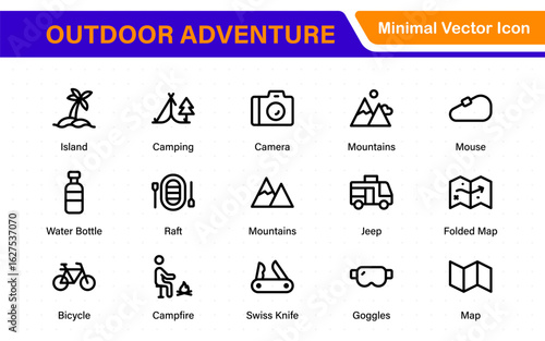 Outdoor Adventure Icon Pack – Includes scenic icons like camping tents, travel gear, forest trails, mountain peaks, sunsets, and nature views for wild and free projects.