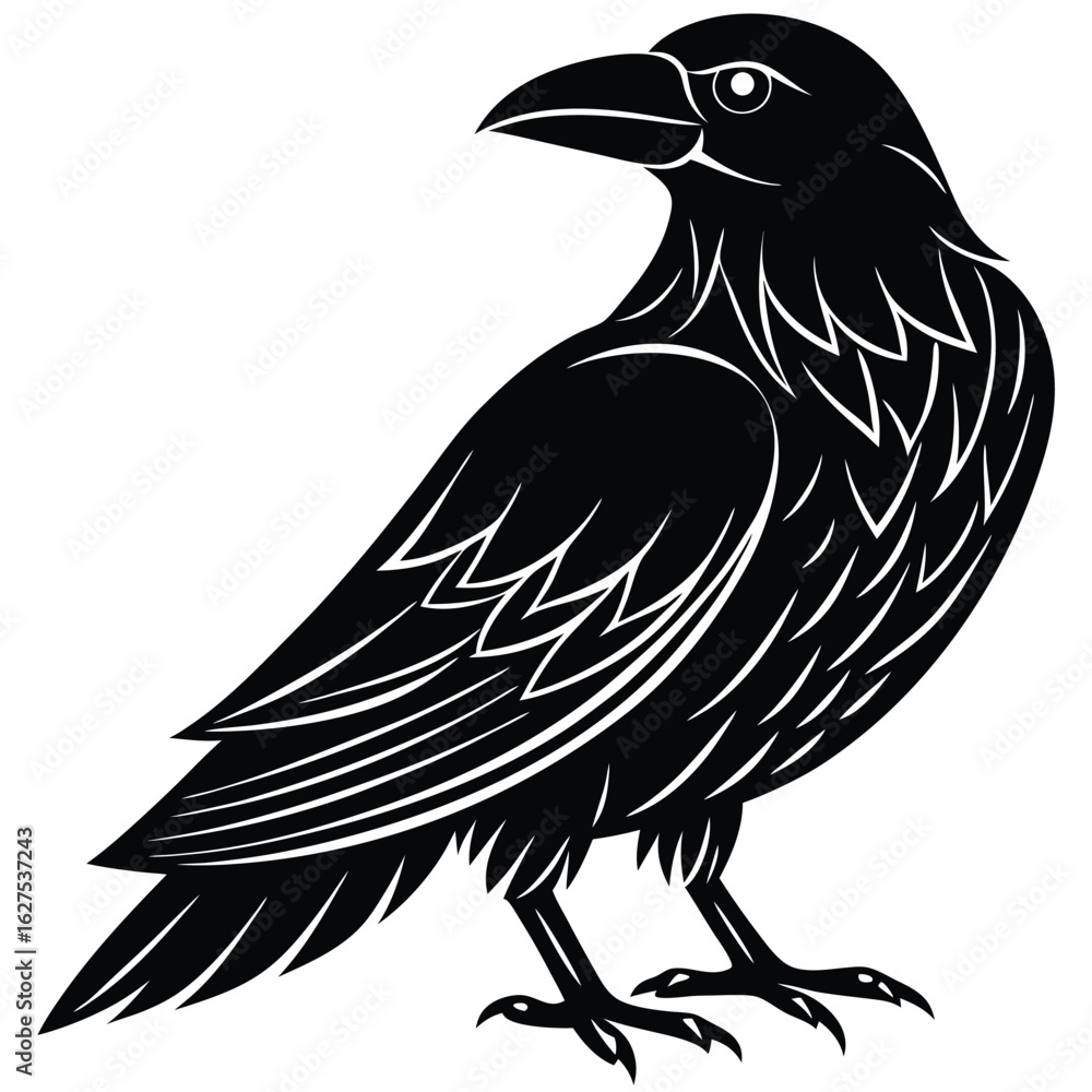 Fototapeta premium Black silhouette of a raven with stylized feathers and sharp talons crow bird