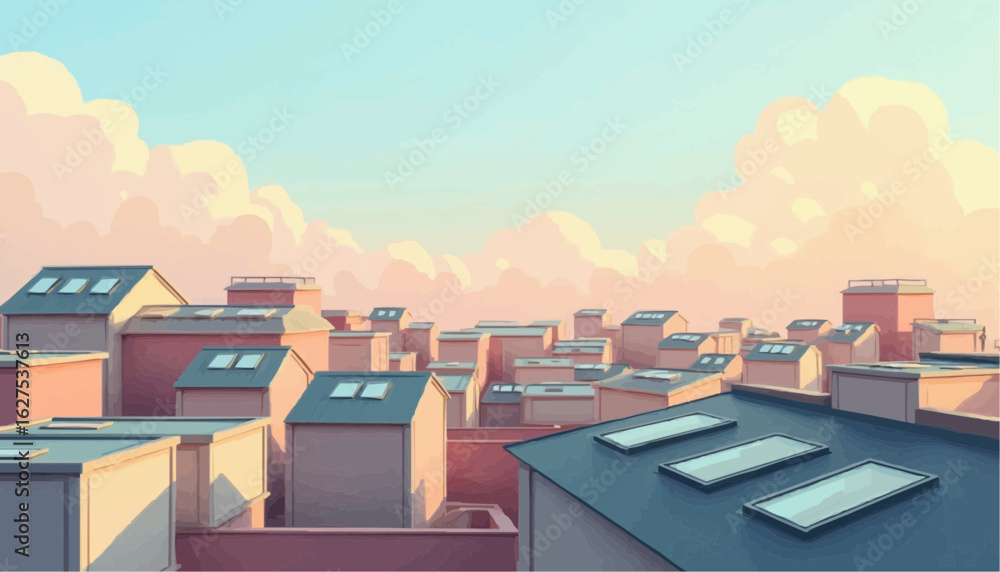 Fototapeta premium Illustration of modern city rooftops with skylights under pastel sky clouds