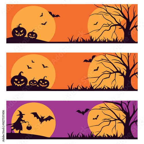 Spooky halloween banners featuring jack o lanterns bats a witch and a bare tree under a full moon