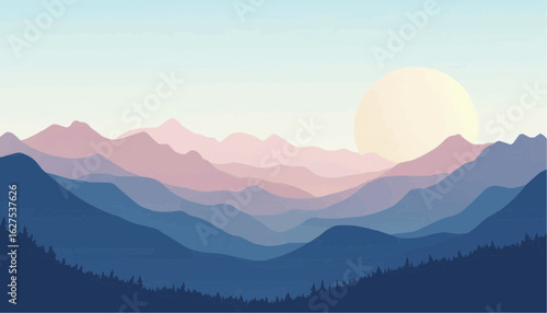 Serene Mountain Landscape with Large Sun and Soft Pink Purple Hues