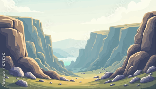 Scenic Mountain Canyon Landscape with Cliffs and River in Bright Natural Light