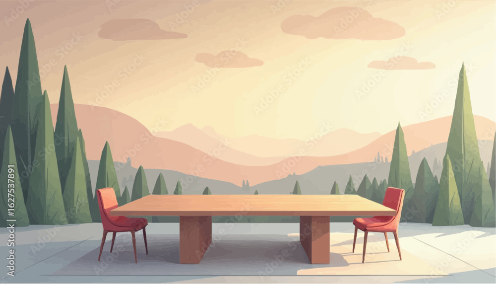 Fototapeta premium Minimalist Outdoor Dining Area with Wooden Table and Red Chairs in Scenic Mountain Landscape