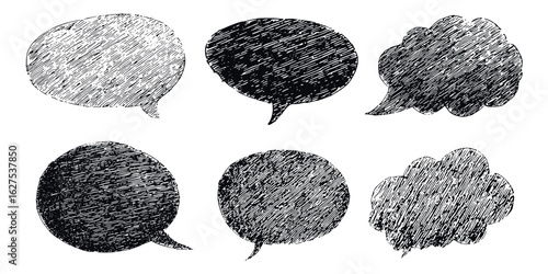 Set of speech bubbles in chalk drawing style. Frame for communication, text messages with hand drawing. Cloud with balloons in the form of chat. Vector illustration.