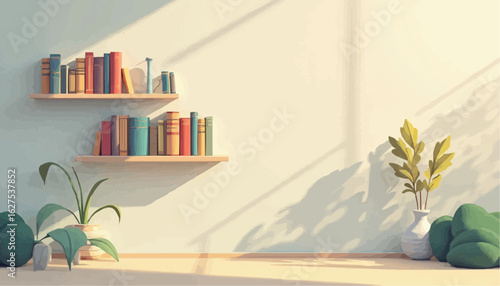 Minimalist Living Room with Bookshelves and Potted Plants in Bright Natural Light