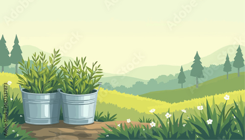 Two Metal Buckets with Green Plants on a Farm in Sunny Landscape