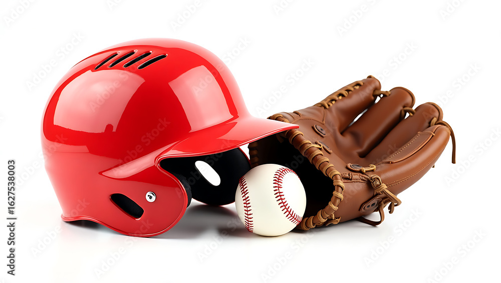 Fototapeta premium Red baseball helmet with glove and ball sport equipment 2