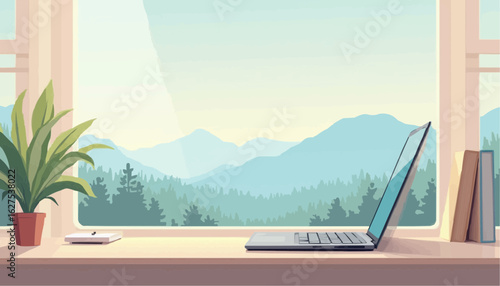Modern Laptop on Windowsill with Mountain View and Green Plant in Bright Natural Light