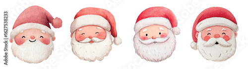 Set of cute faces of Santa Claus watercolor png. Cute Santa with a beard in a red hat smiling. Christmas characters in cartoon style. Elements for Christmas and New Year.