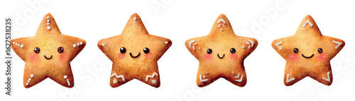 Set of gingerbread cookies in the shape of a cute watercolor star. Gingerbread star-shaped cookie painted with white sugar glaze. Gingerbread Christmas cookies. Sweets for Christmas holidays.