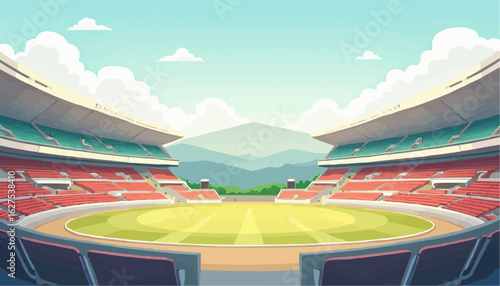 Empty Modern Sports Stadium with Green Field and Blue Sky for Sports and Event Marketing