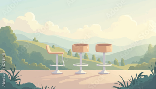 Minimalist Outdoor Lounge Area with Hillside View and Modern Bar Stools