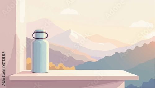 Light Blue Water Bottle on Windowsill with Mountain Landscape Illustration