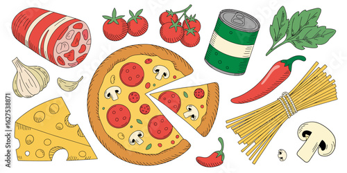 A vibrant collection of hand-drawn Italian food ingredients, featuring classic pizza, spaghetti, fresh vegetables, and cheese.