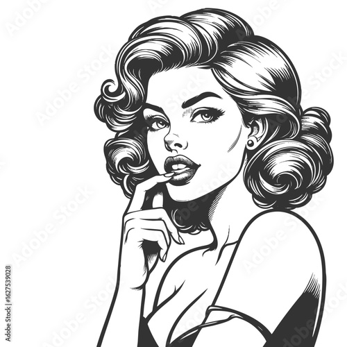 pinup-style woman with voluminous curls and a flirtatious finger-on-lips expression sketch engraving generative ai fictional character vector illustration. Scratch board imitation. Black and white.