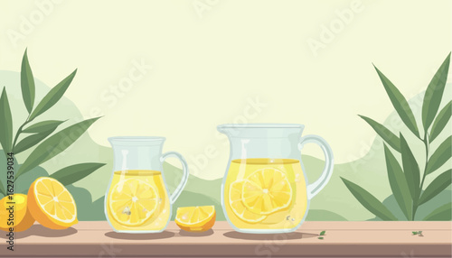 Lemonade Pitchers and Lemons on Wooden Surface with Green Foliage in Background