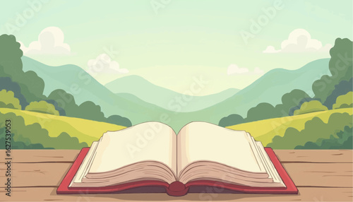 Open Book on Wooden Surface with Green Mountain Landscape in Background