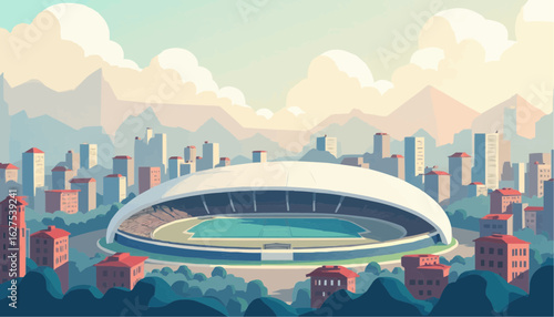 Stylized Modern Stadium with Cityscape Background in Soft Pastel Colors