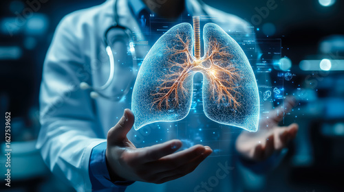 A doctor carefully examines a virtual lung x-ray projection with focused attention. The integration of advanced technology in medical diagnostics. Generative AI.