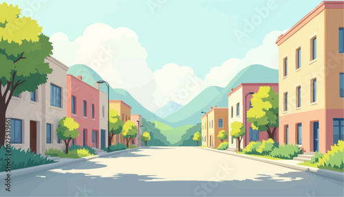 Colorful Residential Neighborhood Street Scene with Modern Buildings and Green Trees in Bright Daylight