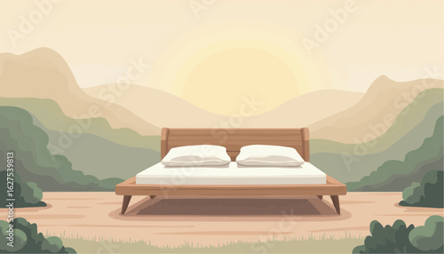 Minimalist Bed with Wooden Frame in Serene Mountain Landscape Illustration