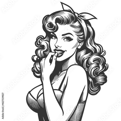 pinup-style woman with voluminous curls and a flirtatious finger-on-lips expression sketch engraving generative ai fictional character vector illustration. Scratch board imitation. Black and white.