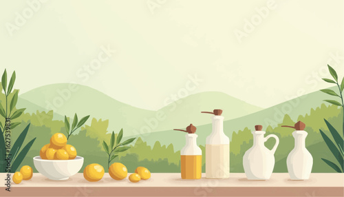 Minimalist Citrus Fruits and Oil Bottles on Wooden Surface in Natural Landscape