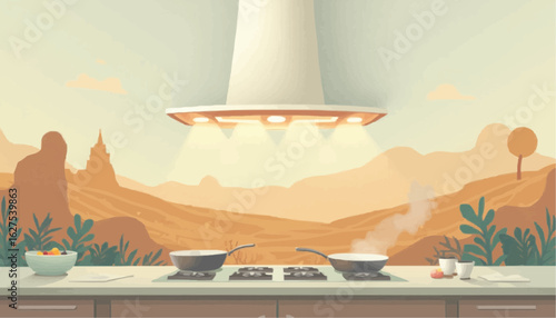 Modern Kitchen Stove with Steam Rising in Bright Contemporary Space