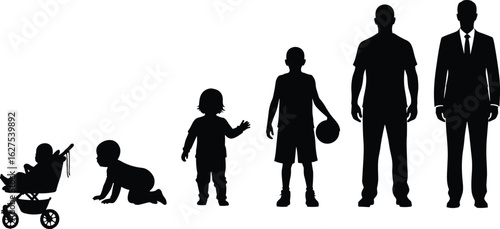 Life stages of a boy from infancy to adulthood, human growth silhouette illustration, child to man transformation, development stages concept