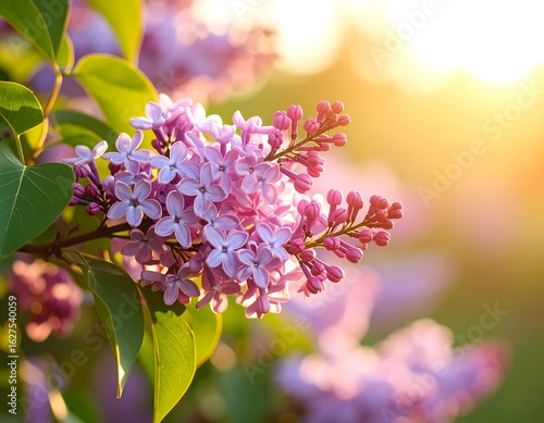 Lilac blossoms bathed in warm sunset light, delicate petals and green leaves