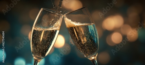 The clinking champagne glasses celebrating a joyous occasion with sparkling bubbles.
