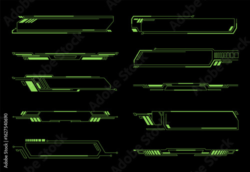 Collection of futuristic high tech design frames and banners green line art creates cyberpunk for digital interfaces heads up displays HUD gaming elements technology themed motion graphics