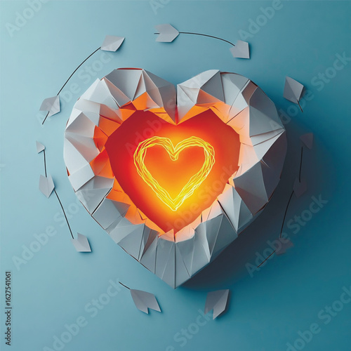 Geometric paper heart with fiery light inside, expressing love, warmth, and connection.. Vector illustration